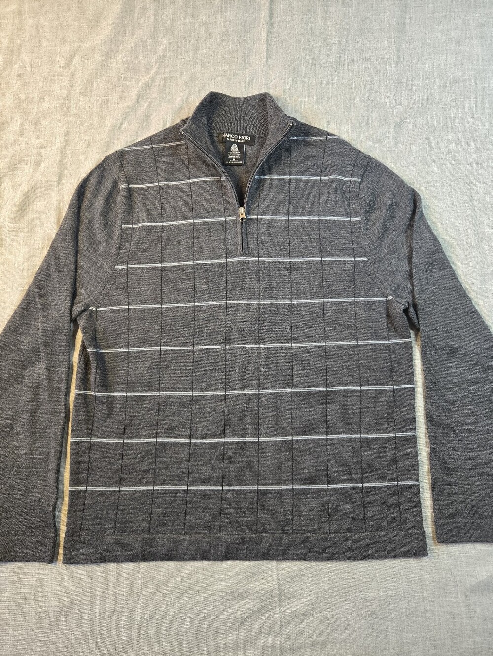 MARCO FIORI Italian Extra Fine Merino Wool 1/4 Zip Sweater Grey Plaid Mens M